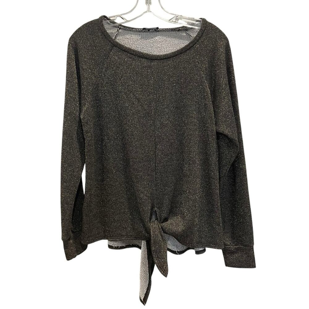 Terez Metallic Tie Front Sweatshirt Black Gold Sparkle Long Sleeve Size Small
